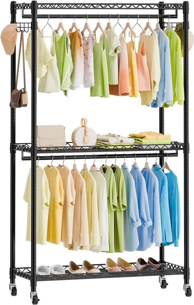 Main image of ENJOYBASICS Heavy Duty Metal Clothes Rack with Lockable Wheels, 3-Tier Adjustable Garment Clothing Rack for Hanging Clothes, Wardrobe Storage with Double Rods and Side Hooks, Black