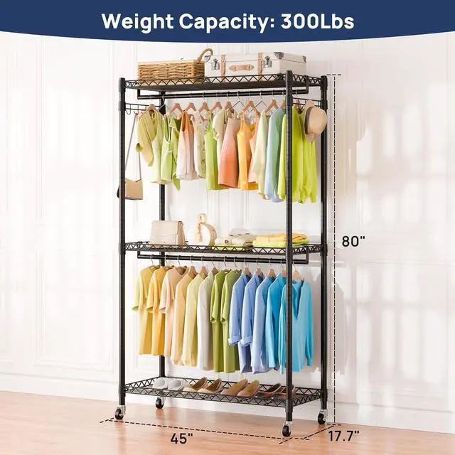 Alt view image 2 of 7 - ENJOYBASICS Heavy Duty Metal Clothes Rack with Lockable Wheels, 3-Tier Adjustable Garment Clothing Rack for Hanging Clothes, Wardrobe Storage with Double Rods and Side Hooks, Black