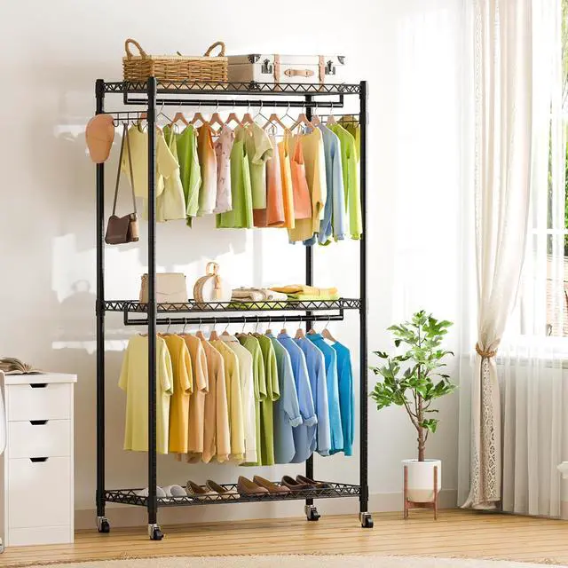 Alt view image 7 of 7 - ENJOYBASICS Heavy Duty Metal Clothes Rack with Lockable Wheels, 3-Tier Adjustable Garment Clothing Rack for Hanging Clothes, Wardrobe Storage with Double Rods and Side Hooks, Black