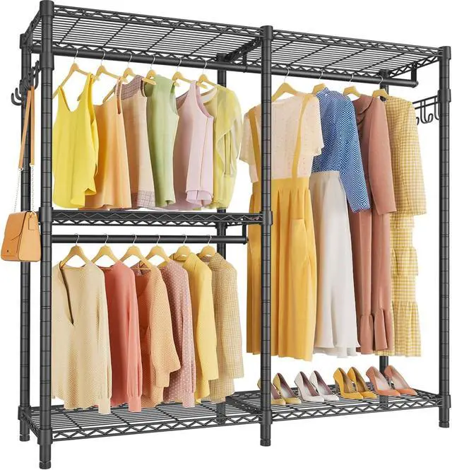 Main image of VIPEK V4 Heavy Duty Clothing Rack for Hanging Clothes 810lbs Load Capacity, Double Rod Garment Rack with Adjustable Shelves & Side Hooks, Metal Wardrobe Closet System Easy to Assemble, (Black)