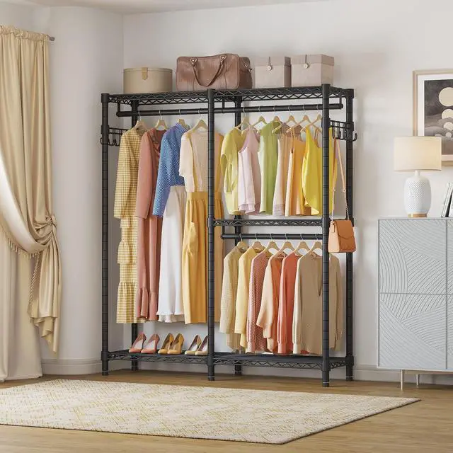 Alt view image 2 of 7 - VIPEK V4 Heavy Duty Clothing Rack for Hanging Clothes 810lbs Load Capacity, Double Rod Garment Rack with Adjustable Shelves & Side Hooks, Metal Wardrobe Closet System Easy to Assemble, (Black)