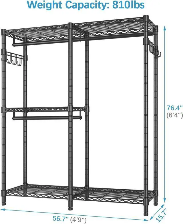 Alt view image 5 of 7 - VIPEK V4 Heavy Duty Clothing Rack for Hanging Clothes 810lbs Load Capacity, Double Rod Garment Rack with Adjustable Shelves & Side Hooks, Metal Wardrobe Closet System Easy to Assemble, (Black)