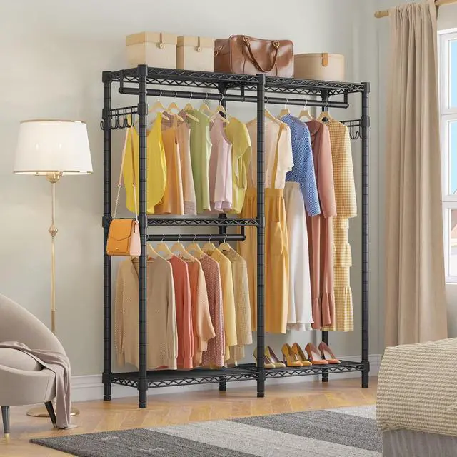 Alt view image 7 of 7 - VIPEK V4 Heavy Duty Clothing Rack for Hanging Clothes 810lbs Load Capacity, Double Rod Garment Rack with Adjustable Shelves & Side Hooks, Metal Wardrobe Closet System Easy to Assemble, (Black)