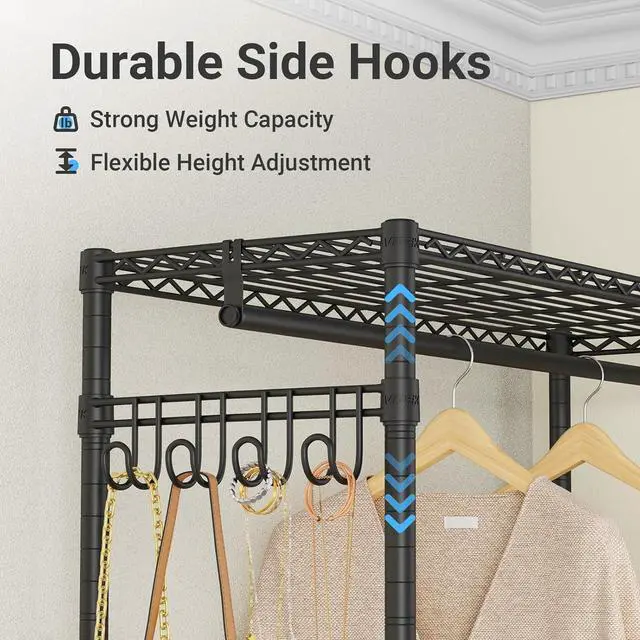 Alt view image 7 of 7 - R3C Plus Garment Rack - Rolling Clothes Rack with Locking Wheels, Heavy Duty Portable Closet with Adjustable Shelves & Side Hooks, Black