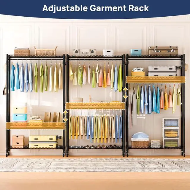 Alt view image 5 of 7 - ENJOYBASICS Heavy Duty Metal Clothes Rack with Lockable Wheels, 3-Tier Adjustable Garment Clothing Rack for Hanging Clothes, Wardrobe Storage with Double Rods and Side Hooks, Black
