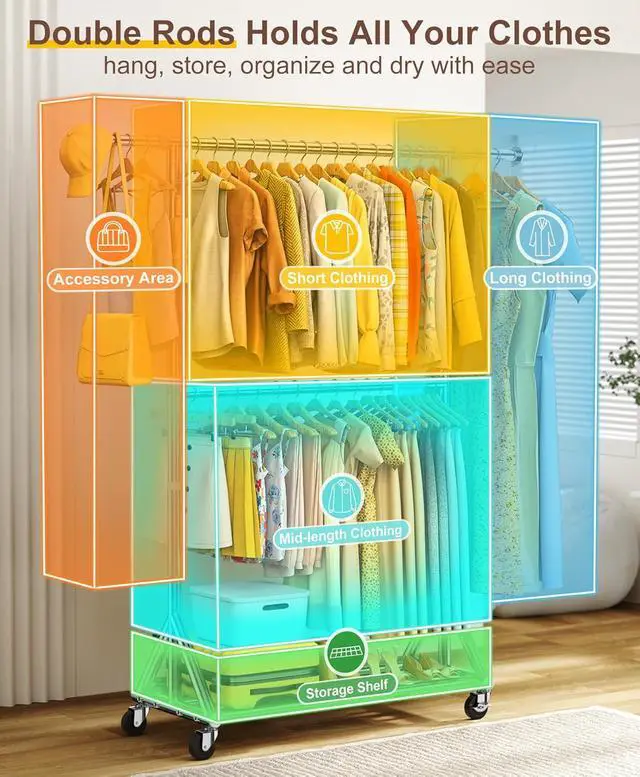 Alt view image 7 of 7 - 100% Stainless Steel Heavy Duty Clothes Rack Load 860LBS, Adjustable Height Double Rods Clothing Racks for Hanging Clothes, Rolling Garment Rack With Sturdy Wheels Shelf, Portable Closet Wardrobe Rack