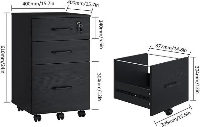 Alt view image 3 of 7 - 3 Drawer Wood Mobile File Cabinet, Under Desk Storage Drawers Small File Cabinet for Home Office (Black)