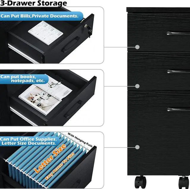 Alt view image 5 of 7 - 3 Drawer Wood Mobile File Cabinet, Under Desk Storage Drawers Small File Cabinet for Home Office (Black)