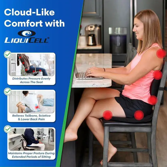 Alt view image 2 of 7 - Original Seat Cushion with LiquiCell Technology  Tailbone, Sciatica, Hip & Lower Back Pain Relief  Car Seat Cushion, Office Chair, Truck, Travel, Home  18"x17"x2"