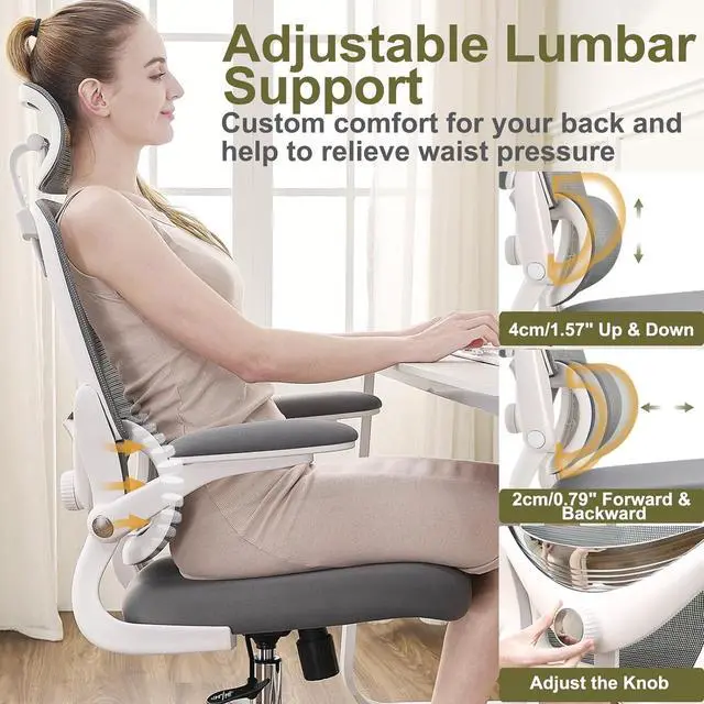 Alt view image 3 of 7 - Ergonomic Home Office Chair, High Back Mesh Desk Chair with Adjustable Lumbar Support, Flip-up Armrest, Removable Headrest, Swivel Computer Gaming Chair, Space Saving, 330LBS (White+Grey)