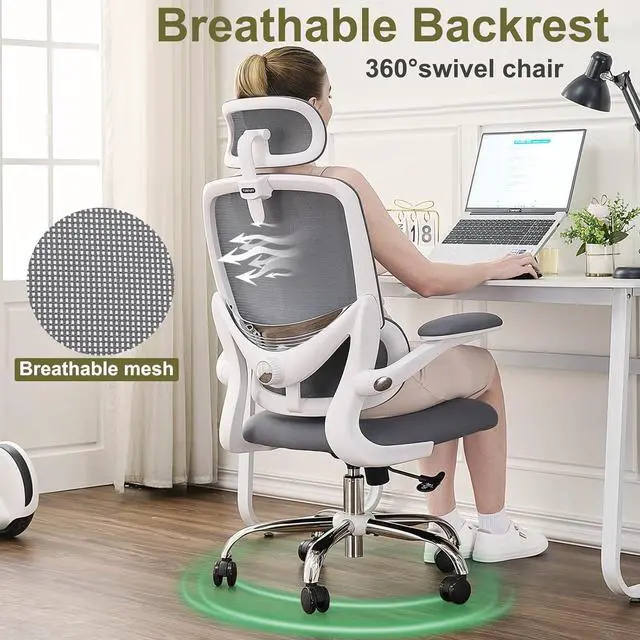 Alt view image 4 of 7 - Ergonomic Home Office Chair, High Back Mesh Desk Chair with Adjustable Lumbar Support, Flip-up Armrest, Removable Headrest, Swivel Computer Gaming Chair, Space Saving, 330LBS (White+Grey)