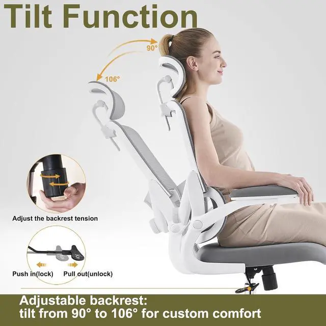 Alt view image 5 of 7 - Ergonomic Home Office Chair, High Back Mesh Desk Chair with Adjustable Lumbar Support, Flip-up Armrest, Removable Headrest, Swivel Computer Gaming Chair, Space Saving, 330LBS (White+Grey)