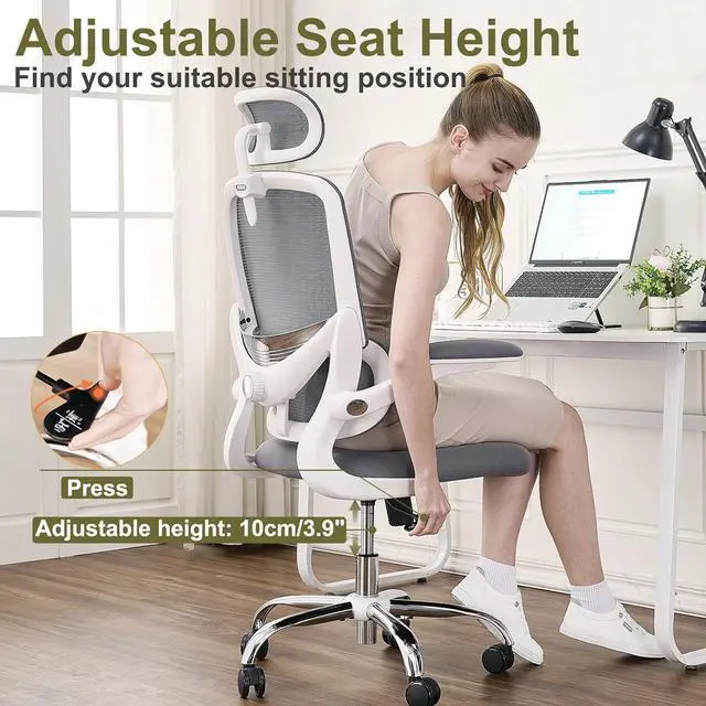 Alt view image 7 of 7 - Ergonomic Home Office Chair, High Back Mesh Desk Chair with Adjustable Lumbar Support, Flip-up Armrest, Removable Headrest, Swivel Computer Gaming Chair, Space Saving, 330LBS (White+Grey)