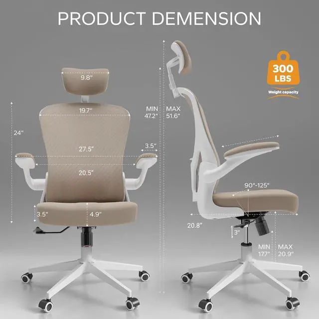 Alt view image 2 of 7 - Ergonomic Office Chair with Adjustable Flip-Up Armrests & Lumbar Support - Thickened Cushion Desk Chair with Wheels, Comfy Home Office Computer Chair