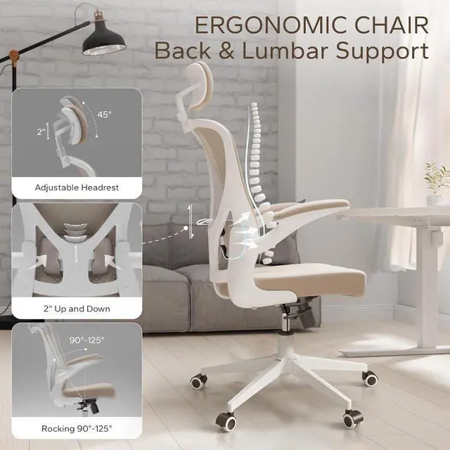 Alt view image 7 of 7 - Ergonomic Office Chair with Adjustable Flip-Up Armrests & Lumbar Support - Thickened Cushion Desk Chair with Wheels, Comfy Home Office Computer Chair