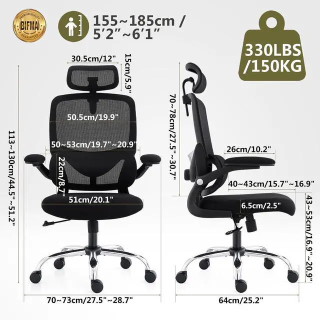 Alt view image 2 of 7 - Ergonomic Home Office Chair, High Back Mesh Desk Chair with Adjustable Lumbar Support, Flip-up Armrest, Removable Headrest, Swivel Computer Gaming Chair, Space Saving, 330LBS (Black)