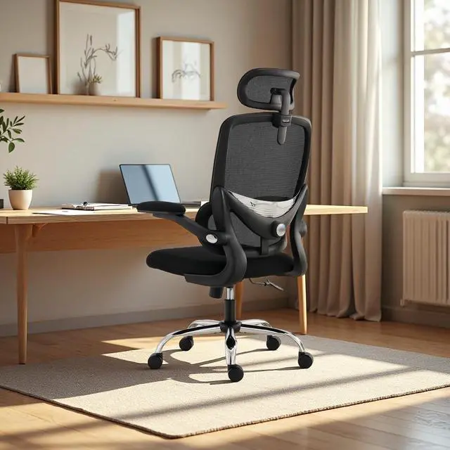 Alt view image 3 of 7 - Ergonomic Home Office Chair, High Back Mesh Desk Chair with Adjustable Lumbar Support, Flip-up Armrest, Removable Headrest, Swivel Computer Gaming Chair, Space Saving, 330LBS (Black)