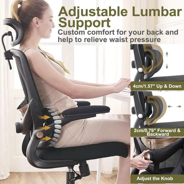 Alt view image 4 of 7 - Ergonomic Home Office Chair, High Back Mesh Desk Chair with Adjustable Lumbar Support, Flip-up Armrest, Removable Headrest, Swivel Computer Gaming Chair, Space Saving, 330LBS (Black)
