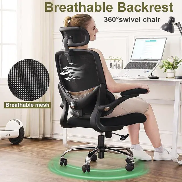 Alt view image 5 of 7 - Ergonomic Home Office Chair, High Back Mesh Desk Chair with Adjustable Lumbar Support, Flip-up Armrest, Removable Headrest, Swivel Computer Gaming Chair, Space Saving, 330LBS (Black)