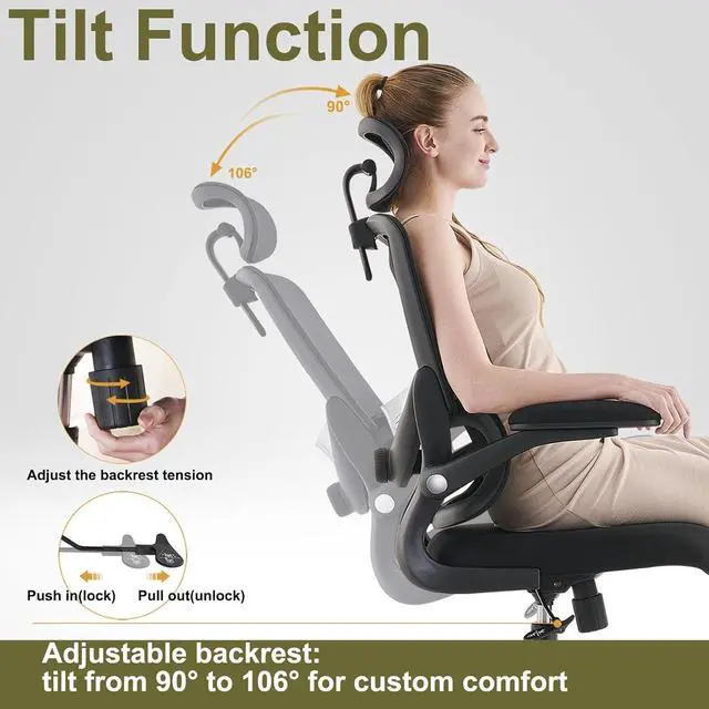 Alt view image 6 of 7 - Ergonomic Home Office Chair, High Back Mesh Desk Chair with Adjustable Lumbar Support, Flip-up Armrest, Removable Headrest, Swivel Computer Gaming Chair, Space Saving, 330LBS (Black)