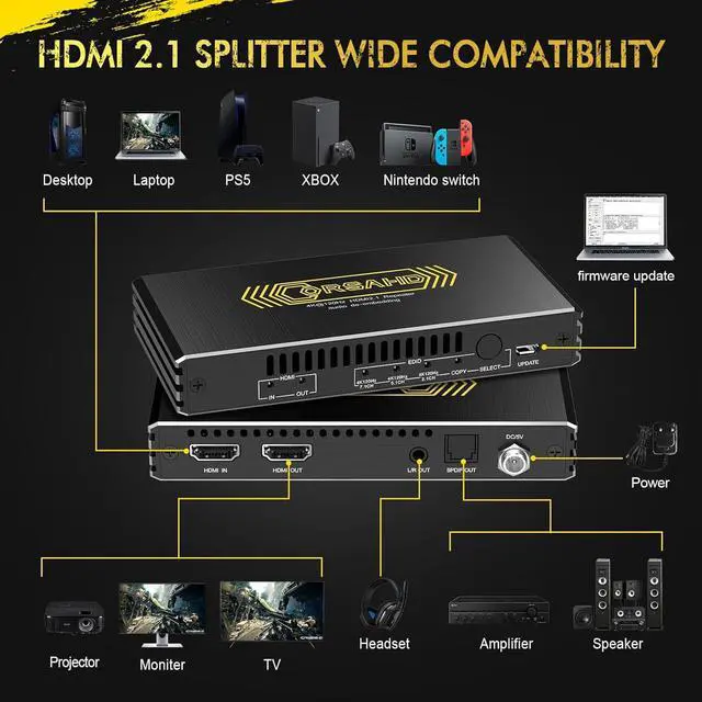Alt view image 4 of 6 - 4K@120Hz HDMI 2.1 Audio Extractor Audio Converter,HDMI to HDMI,SPDIF Optical 7.1/5.1CH,Stereo 3.5mm,Supports VRR,CEC,Dolby Digital Audio De-embed,HDCP 2.2/2.3 Bypass,for PS5,Xbox, CO-HAE118