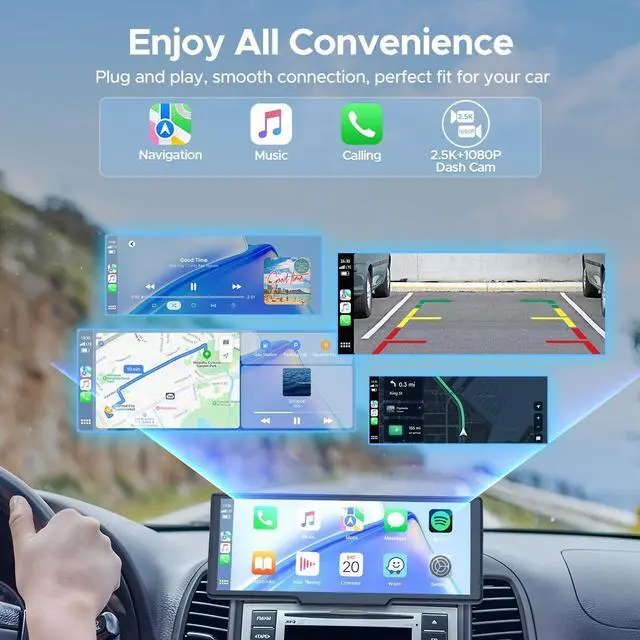 Alt view image 2 of 7 - 9.26'' Carplay Screen for Car with 2.5K Dash Cam and 1080P Backup Camera Portable Wireless Android Auto Screen GPS Navigation Mirror Link Voice Control Hands-Free for iOS 11+ Android 11+