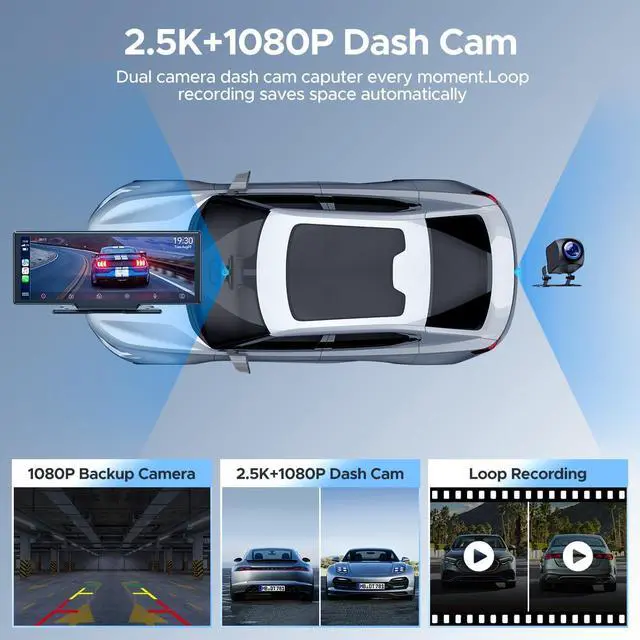 Alt view image 3 of 7 - 9.26'' Carplay Screen for Car with 2.5K Dash Cam and 1080P Backup Camera Portable Wireless Android Auto Screen GPS Navigation Mirror Link Voice Control Hands-Free for iOS 11+ Android 11+