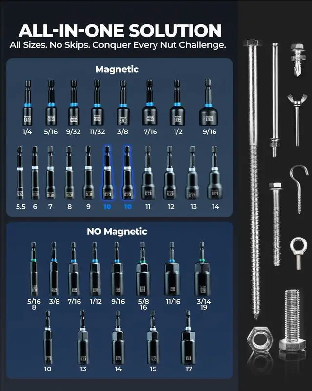 Alt view image 2 of 6 - Impact Magnetic Nut Driver Set, 38pcs Impact Driver Bit Set, Deep Nut Driver Set, Impact Socket Adapters, Wing Nut Driver, Bit Extension, 1/4'' Quick Change