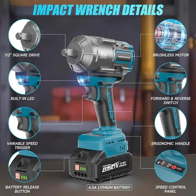 Alt view image 2 of 7 - Cordless Impact Wrench, 1/2 Impact Gun with 2 * 4.0A Battery, Brushless Max Torque 885ft-Lbs (1200N.m) Electric Power Impact Driver with Charger & 6 Sockets for Car/DIY Furniture/Lawn Mower