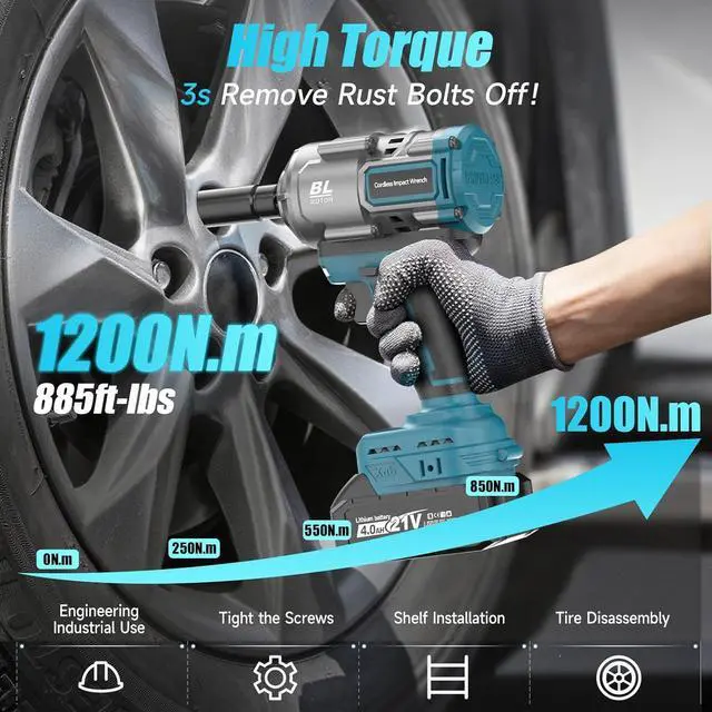 Alt view image 4 of 7 - Cordless Impact Wrench, 1/2 Impact Gun with 2 * 4.0A Battery, Brushless Max Torque 885ft-Lbs (1200N.m) Electric Power Impact Driver with Charger & 6 Sockets for Car/DIY Furniture/Lawn Mower