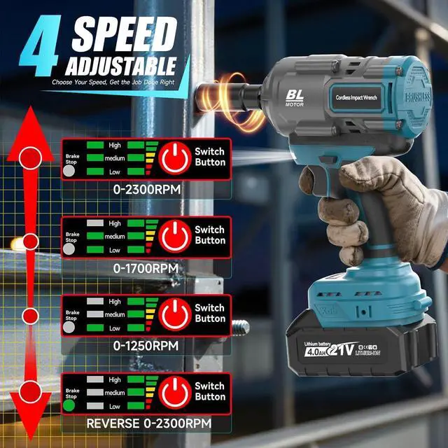 Alt view image 6 of 7 - Cordless Impact Wrench, 1/2 Impact Gun with 2 * 4.0A Battery, Brushless Max Torque 885ft-Lbs (1200N.m) Electric Power Impact Driver with Charger & 6 Sockets for Car/DIY Furniture/Lawn Mower