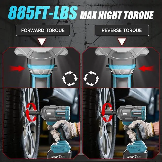 Alt view image 7 of 7 - Cordless Impact Wrench, 1/2 Impact Gun with 2 * 4.0A Battery, Brushless Max Torque 885ft-Lbs (1200N.m) Electric Power Impact Driver with Charger & 6 Sockets for Car/DIY Furniture/Lawn Mower