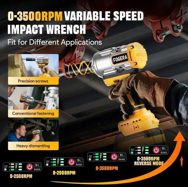 Alt view image 4 of 7 - Cordless Impact Wrench 1/2 Inch - Compatible with Dewalt 20V Batteries, 1100 Ft-lbs (1500N.m) High Torque Impact Driver, Brushless Impact Gun with 3 Speed Modes & LED Light (Battery Not Included)