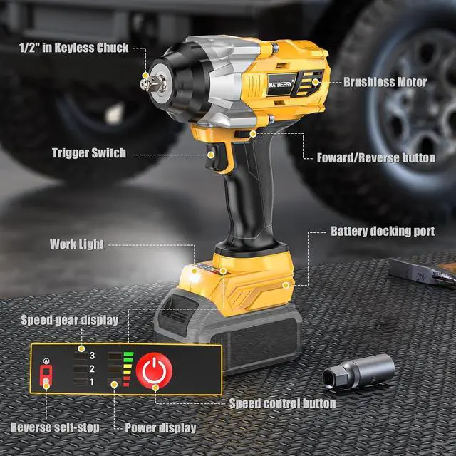Alt view image 2 of 7 - Impact Wrench Compatible with DeWalt 20V MAX Battery: 1/2 Inch Hog Ring Impact Driver High Torque - 1360N.m/1000Ft-lbs Cordless Impact Gun - Brushless Motor with LED Light - Tool Only