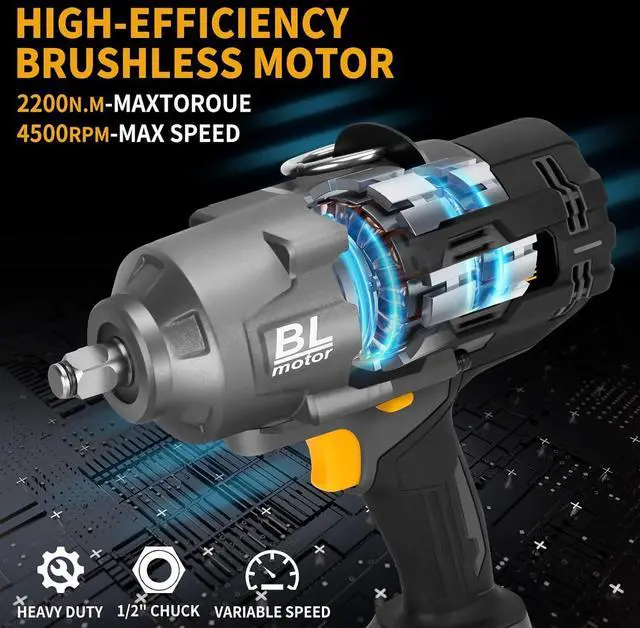 Alt view image 4 of 7 - 1/2" 1623FT-LBS Cordless Impact Gun Compatible with DeWalt Battery, 2200Nm Brushless Electric Wrench with LED Light, High Torque Power Driver Pistola Llave de Impacto for Truck (No Battery)