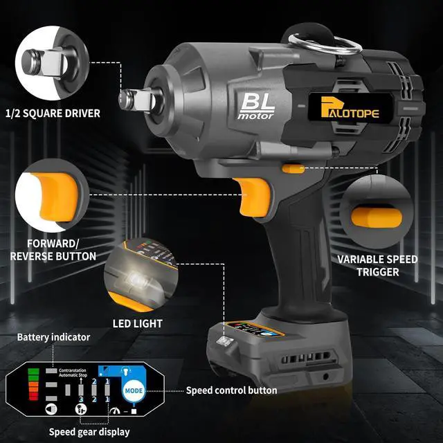 Alt view image 7 of 7 - 1/2" 1623FT-LBS Cordless Impact Gun Compatible with DeWalt Battery, 2200Nm Brushless Electric Wrench with LED Light, High Torque Power Driver Pistola Llave de Impacto for Truck (No Battery)