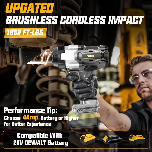 Alt view image 3 of 7 - Cordless Impact Wrench 3/4" Compatible with Dewalt 20V Battery, 1850Ft-lbs(2500N.m) High Torque Impact Gun Heavy Duty, Brushless Electric Power Impact Driver with 4 Speed Modes & LED Work Light