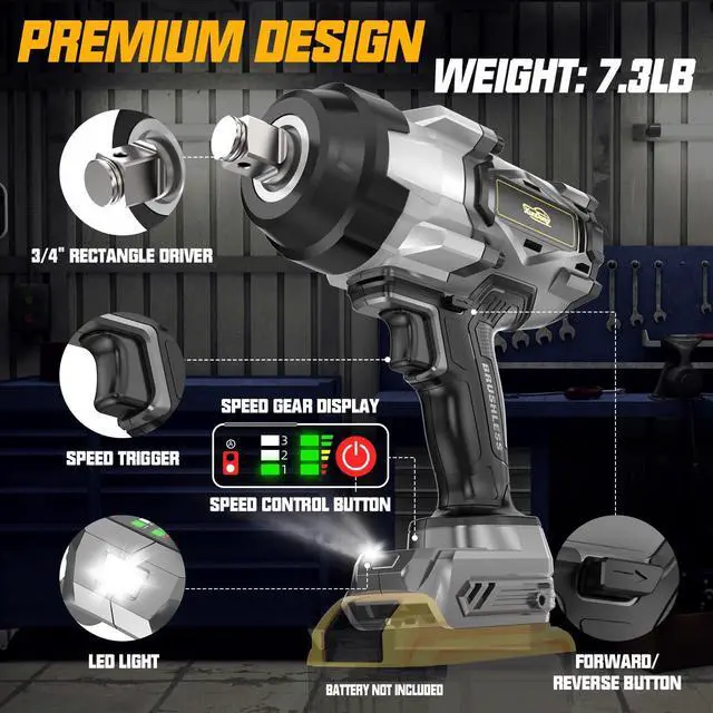Alt view image 6 of 7 - Cordless Impact Wrench 3/4" Compatible with Dewalt 20V Battery, 1850Ft-lbs(2500N.m) High Torque Impact Gun Heavy Duty, Brushless Electric Power Impact Driver with 4 Speed Modes & LED Work Light