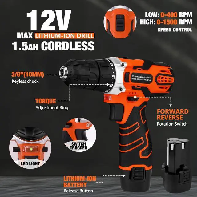 Alt view image 4 of 7 - 255-Piece Tool Set - Tool Kit with 12V Cordless Drill Driver, Toolbox Storage Case with Drawer, General Household Drill Set for DIY Projects, Home Repairs, Handyman