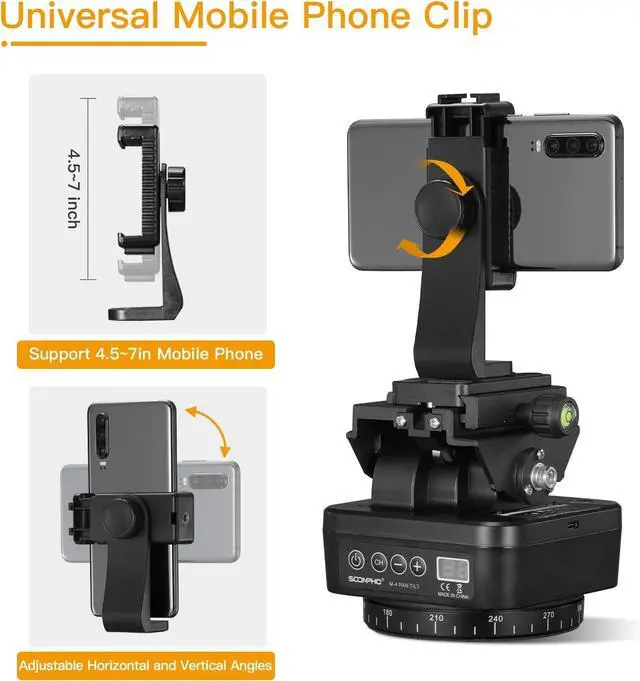 Alt view image 5 of 7 - M4 Motorized Rotating Panoramic Tripod Head, Remote Control Pan Tilt Head with Remote Control and Mobile Phone Clip for DSLR Cameras, Camcorders, Smartphones, Tripod