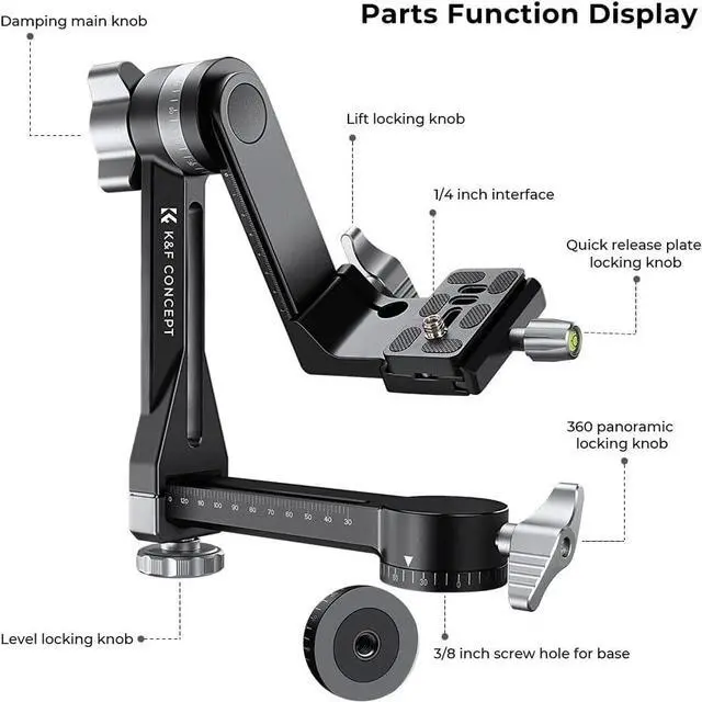 Alt view image 5 of 6 - K&F CONCEPT Upgraded Gimbal Tripod Head, Exclusive Lubricant, All-CNC Aluminum Alloy Gimbal Head, Precise Horizontal and Vertical Adjustment Tripod Head, Maximum Load Capacity of 44.09lbs/20kg.