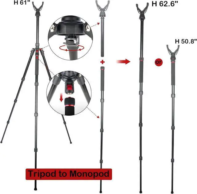 Alt view image 2 of 7 - Adjustable Shooting Tripod for Rifles,Shooting Stick 3-in-1 Convertible Tripod/Monopod/Bipod, 22.8-61 Height, Lightweight Aluminum Alloy with Carrying Bag, Stable Rifle Rest for Hunting Outdoor