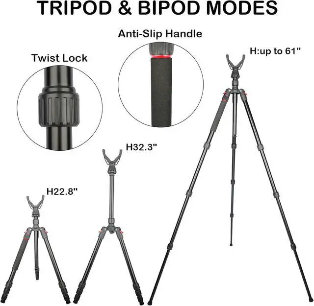 Alt view image 3 of 7 - Adjustable Shooting Tripod for Rifles,Shooting Stick 3-in-1 Convertible Tripod/Monopod/Bipod, 22.8-61 Height, Lightweight Aluminum Alloy with Carrying Bag, Stable Rifle Rest for Hunting Outdoor