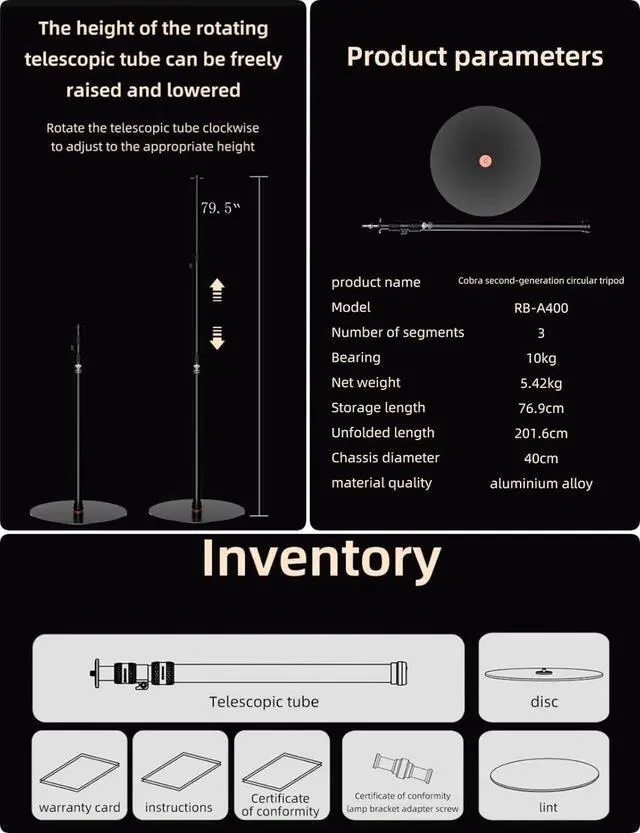 Alt view image 7 of 7 - Cobra RB-A400,79" Round Base Monopod,Aluminum Photography Light Stand Flat Base for DSLR Camera, Light,Payload 22LBS(2 Pack)