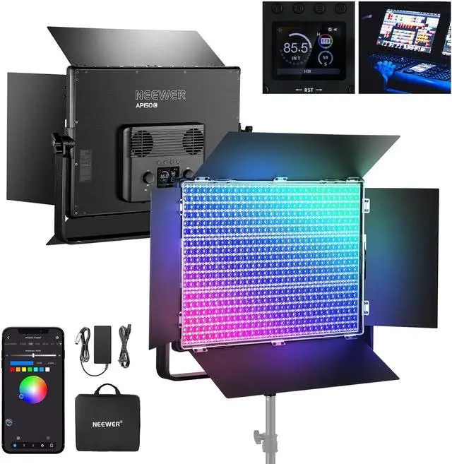 Main image of 150W RGB LED Panel Video Light Kit with Barn Doors, 1800 LEDs 42500Lux/0.5m 2500K-10000K CRI96+/TLCI97+ 0-100% Dimming, APP/2.4G/Panel/DMX Control for Pro Studio Gaming Lighting, AP150C