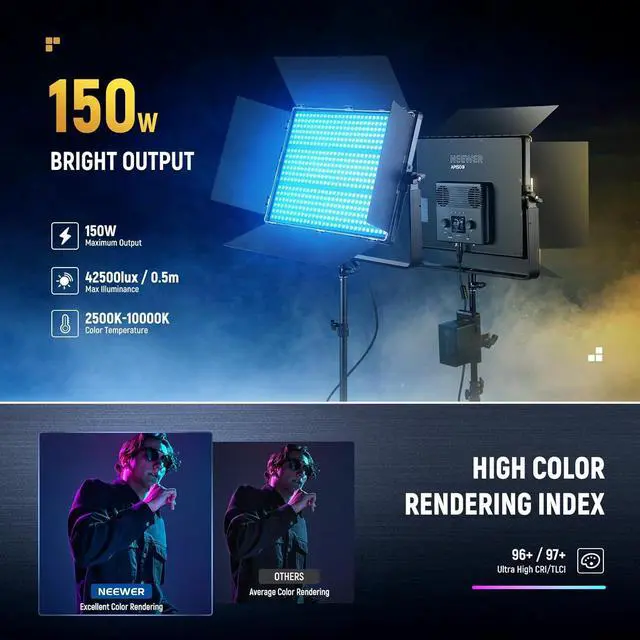 Alt view image 3 of 7 - 150W RGB LED Panel Video Light Kit with Barn Doors, 1800 LEDs 42500Lux/0.5m 2500K-10000K CRI96+/TLCI97+ 0-100% Dimming, APP/2.4G/Panel/DMX Control for Pro Studio Gaming Lighting, AP150C