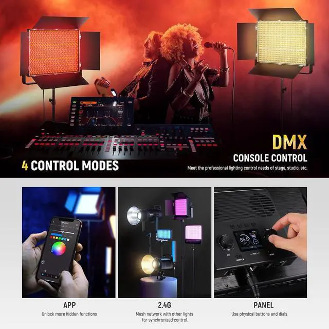 Alt view image 7 of 7 - 150W RGB LED Panel Video Light Kit with Barn Doors, 1800 LEDs 42500Lux/0.5m 2500K-10000K CRI96+/TLCI97+ 0-100% Dimming, APP/2.4G/Panel/DMX Control for Pro Studio Gaming Lighting, AP150C