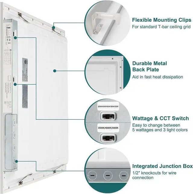 Alt view image 5 of 7 - 2x2 LED Flat Panel Light, 50W/45W/40W/30W/25W Adjustable, 5000K/4000K/3500K Selectable, 5500LM 0-10V Dimmable Drop Ceiling Lights, 100-277V ETL-Listed, 4-Pack