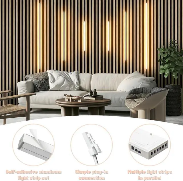 Alt view image 3 of 7 - LED Recessed Lighting for Acoustic Panel, 6 Pcs of 3000K Dimmable LED Strip Light for Wood Slat Wall Panel in Parallel with Touch Sensor, Self-Adhesive for Slat Wall Decor (4*28 in+2*16 in)
