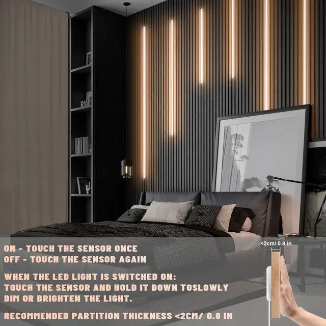 Alt view image 6 of 7 - LED Recessed Lighting for Acoustic Panel, 6 Pcs of 3000K Dimmable LED Strip Light for Wood Slat Wall Panel in Parallel with Touch Sensor, Self-Adhesive for Slat Wall Decor (4*28 in+2*16 in)